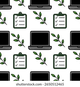 Seamless vector pattern featuring laptops, checklists, and green leaves, ideal for office-themed designs and eco-friendly branding.