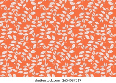Seamless vector pattern featuring leafy branches on a orange background. A natural and elegant design ornament for wallpapers, fabric, packaging, and autumn branding projects.