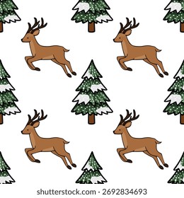 Padrão de vetor sem emenda com renas saltando em meio a pinheiros cobertos de neve, renderizados em um estilo encantador e desenhado à mão com contornos arrojados e cores planas.