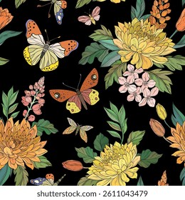 A seamless vector pattern featuring leaves, vibrant chrysanthemum flowers, and colorful butterflies on a black background