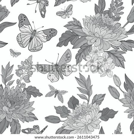A seamless vector pattern featuring leaves, monochrome chrysanthemum flowers, and butterflies on a gray background
