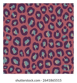 A seamless vector pattern featuring a leopard print design in muted shades of brown, purple, and teal. Ideal for backgrounds, textiles, and fashion designs.