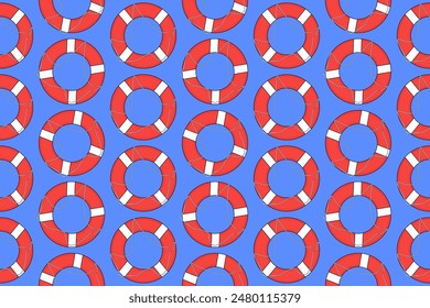 Seamless vector pattern featuring lifebuoys on a blue background. Perfect for summer-themed designs, textiles, and wallpapers.