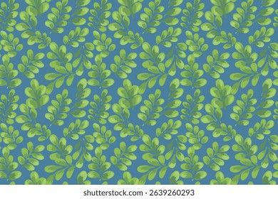 Seamless vector pattern featuring lush green leaves in a watercolor style on a blue background. Botanical design is perfect for textiles, packaging, wallpapers, eco friendly branding, decor