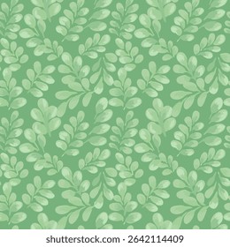 Seamless vector pattern featuring lush leaves on a soft mint green background. Pastel, hand painted foliage creates a bold and refreshing botanical design, perfect for fabric, wallpaper