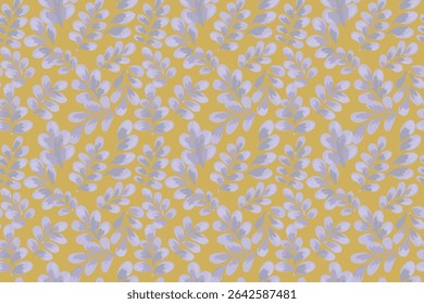 Seamless vector pattern featuring lush pastel leaves in a watercolor style on a muted yellow background. Botanical design for textiles, packaging, wallpapers, branding, decor, prints