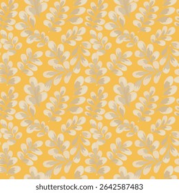 Seamless vector pattern featuring lush leaves on a bright yellow background. The vibrant, hand painted foliage creates a bold and refreshing botanical design, perfect for fabric, wallpaper