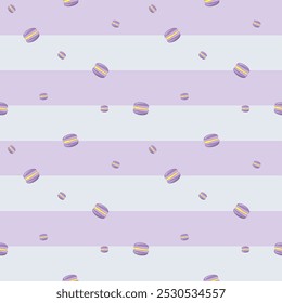 A seamless vector pattern featuring macarons on a purple striped background. Ideal for gift wraps, fabric prints, party decor, and bakery-themed products.