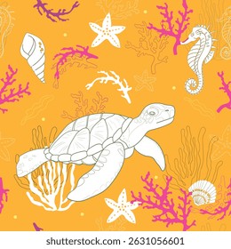 Seamless vector pattern featuring marine elements on a orange background. White and pink -colored sea creatures and objects, seahorses, shells, and corals, turtle.  Perfect for textiles, wallpapers