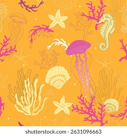 Seamless vector pattern featuring marine elements on a orange background. White and pink -colored sea creatures and objects, seahorses, shells, and corals. Perfect for textiles, wallpapers, package