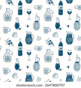 Seamless vector pattern featuring Mediterranean-themed hand-drawn sketch icons: drinks, sangria, olive oil, wine bottle, wine glass, and tableware