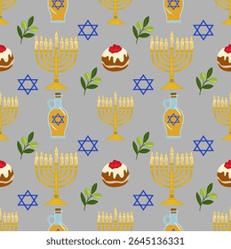 Padrão de vetor sem emenda com menorá, ramos de azeitona, sufganiyot e Estrela de Davi, ilustrando os símbolos festivos de Chanucá.