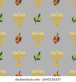 Seamless vector pattern featuring a menorah, dreidel, and olive branches, celebrating the festive spirit of Hanukkah with a soft grey background and vibrant gold and cream colors.