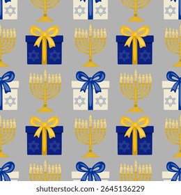 Seamless vector pattern featuring menorahs, gifts with Star of David, and lit candles, perfect for Hanukkah celebrations and festive designs.