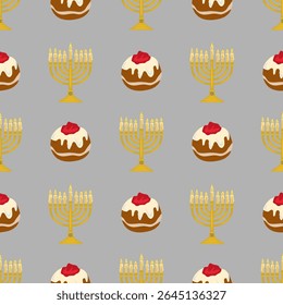Seamless vector pattern featuring menorahs with lit candles and sufganiyot, symbolic of Hanukkah, designed in a flat style with a grey background.