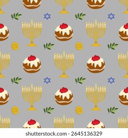Seamless vector pattern featuring menorahs, sufganiyot, olive branches, and Star of David symbols, ideal for Hanukkah celebrations and festive designs.