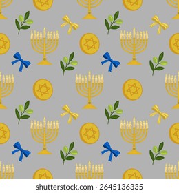 Padrão de vetor sem emenda com menorás, moedas de Estrela de David, ramos de azeitona e arcos festivos, ideal para celebrações de Chanucá e desenhos festivos.