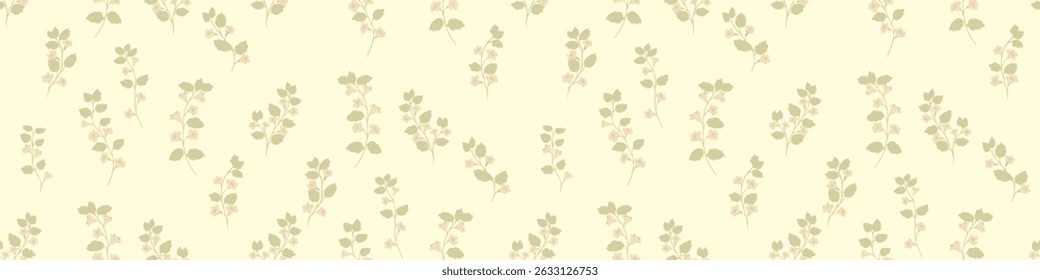 Seamless vector pattern featuring minimal floral branches with small leaves and soft tiny flowers on a light background. Pastel designs for prints, for textiles, wrapping paper, fabric