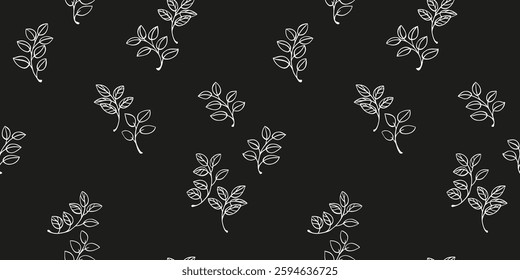 Seamless vector pattern featuring minimalist white line drawn branches with leaves on a black background. Simple nature ornament for elegant textiles, wallpaper, packaging, and modern graphic designs