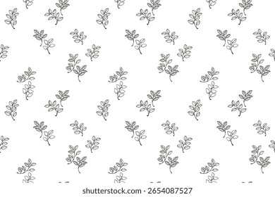 Seamless vector pattern featuring minimalist line-drawing leaves arranged. Black and white background. Plain nature ornament for textiles, wrapping paper, wallpapers,  branding designs.