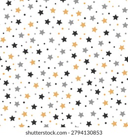 Seamless vector pattern featuring a minimalist arrangement of stars and small circles suitable for textile printing, gift wrapping paper, web background design