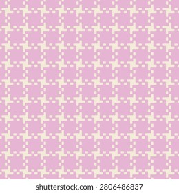 A seamless vector pattern featuring a minimalist geometric grid of cream-colored cross and pixel shapes over a soft pink background. This tileable, repeating abstract layout offers a cute, modern backdrop ideal for textiles, nursery decor, packaging, and digital designs.