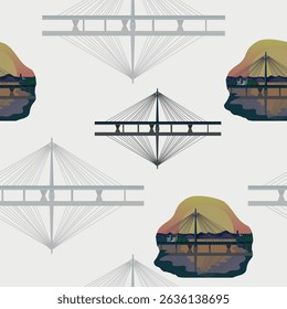 Seamless vector pattern featuring modern bridges and rocky landscapes reflected in water. Light background, flat style. Great for textiles, wallpaper, travel-themed products, or packaging.