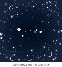 Seamless vector pattern featuring a night sky filled with stars, constellations, moons, and planets. Ideal for cosmic designs, space-themed decor, and celestial-inspired products.