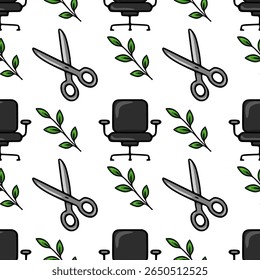 Seamless vector pattern featuring office chairs, scissors, and green leaves, a unique design for backgrounds and textile prints.