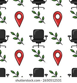 Seamless vector pattern featuring office chairs, location markers, and stylized green leaves, creating a modern and minimalist design ideal for office-themed projects.