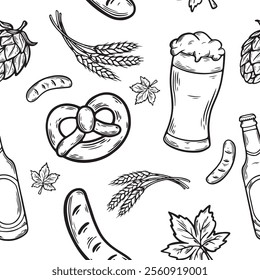 Seamless vector pattern featuring Oktoberfest elements in a line drawing style. beer glass, pretzels, sausages, hops, festive decorations.