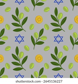 Seamless vector pattern featuring olive branches, Star of David symbols, and golden coins, ideal for Hanukkah or Jewish holiday designs.