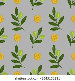 Seamless vector pattern featuring olive branches and Star of David coins, perfect for Hanukkah or Jewish holiday designs, symbolizing peace, prosperity, and tradition.