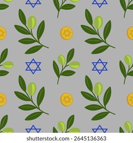 Seamless vector pattern featuring olive branches, Star of David symbols, and gold coins, creating a festive Hanukkah design with a muted grey background.
