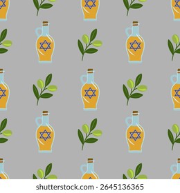 Padrão de vetor sem costura com ramos de azeitona e garrafas de óleo com Estrela de David, perfeito para Hanukah ou projetos com temática judaica.