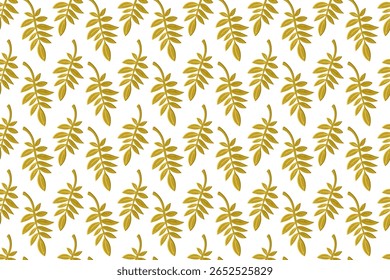Seamless vector pattern featuring olive green branches and leaves in flat hand-drawn style on white background. Perfect for textile prints, packaging, wrapping paper, wallpapers, digital backgrounds, 