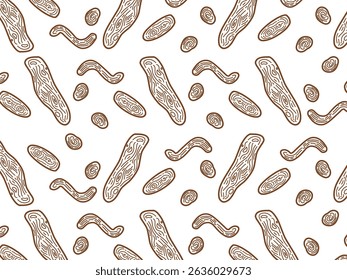 A seamless vector pattern featuring organic, abstract shapes outlined in brown. The design includes biomorphic, topographic-style forms with a natural hand-drawn look, suitable for packaging, fashion 