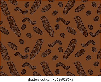 A seamless vector pattern featuring organic, abstract shapes outlined in brown. The design includes biomorphic, topographic-style forms with a natural hand-drawn look, suitable for packaging, fashion 