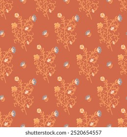 Seamless vector pattern featuring ornate floral paisley elements in warm tones. Ideal for textile designs, wallpaper, and decorative projects.