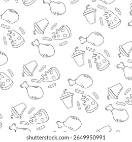 Seamless vector pattern featuring outline fast food items like fried chicken, pizza, milkshakes, and french fries, perfect for restaurant branding and food-related designs