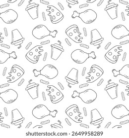 Padrão de vetor sem costura com itens de fast food contorno como frango frito, pizza, milkshakes e batatas fritas, perfeito para marca de restaurante e projetos relacionados à comida