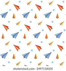 Seamless vector pattern featuring paper airplanes and stars, designed with a playful children’s theme.