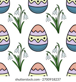 Padrão de vetor sem emenda com ovos de Páscoa pastel e delicadas flores de gota de neve, evocando uma celebração suave da primavera.