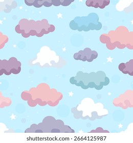 Seamless vector pattern featuring pastel-colored clouds, white stars, and soft transparent circles on a light blue background. Perfect for kids designs, textiles, wallpapers, gift wrapping, and digita