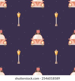 Seamless vector pattern featuring a pink car with gifts and street lamps on a dark purple background. Ideal for festive decorations, gift wrapping, and textiles, adding style and brightness!