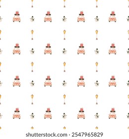 A seamless vector pattern featuring pink cars carrying gifts, lanterns, and snowmen. Perfect for fabric, wrapping paper, and holiday stationery. Ideal for festive decor and cheerful gift items.