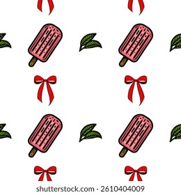 A seamless vector pattern featuring pink ice cream popsicles, red bows, and green leaves on a white background.