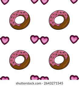 Seamless vector pattern featuring pink glazed donuts with sprinkles and heart-shaped sunglasses, a playful and sweet design perfect for Valentines Day or summer-themed projects.