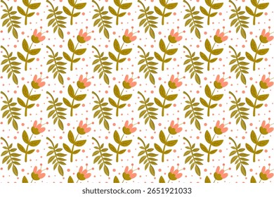 Seamless vector pattern featuring pink flower buds, olive green leaves, and decorative dots in flat hand-drawn style on white background. Suitable for textile prints, packaging, wrapping paper, wallpa