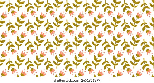 Seamless vector pattern featuring pink flower buds and olive green leaves in hand-drawn flat style on white background. Suitable for textile design, packaging, wrapping paper, wallpapers, digital back